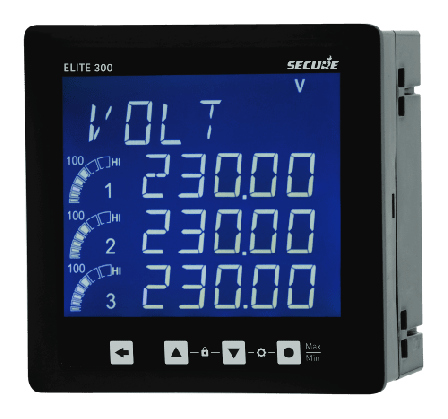Digital panel meter showing three-phase voltage